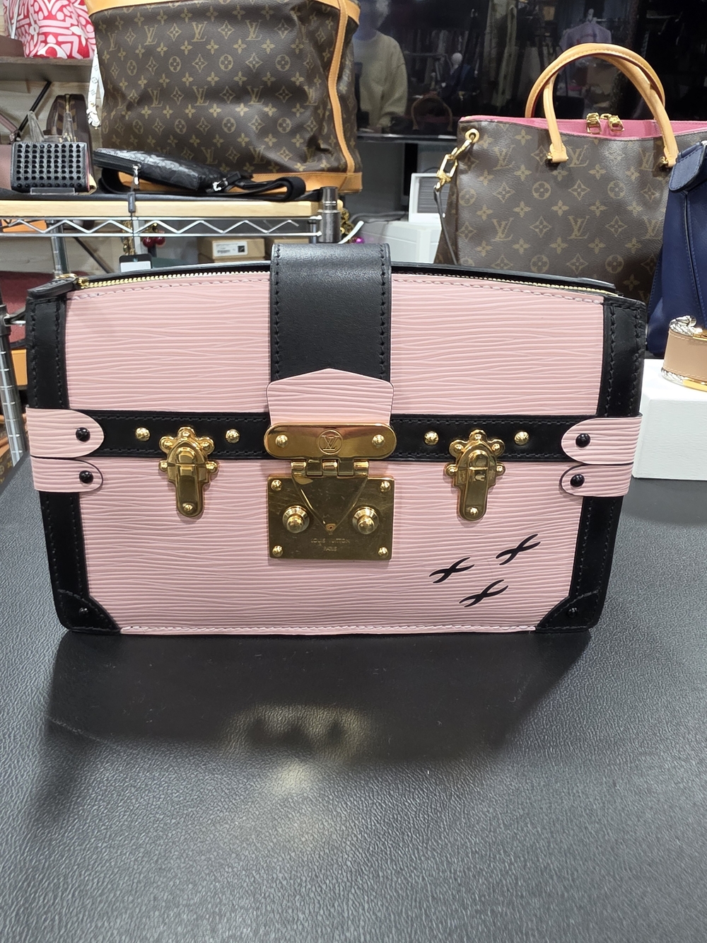 Louis Vuitton Trunk Clutch in Rose Ballerine Epi Leather W/Crossbody Strap COA